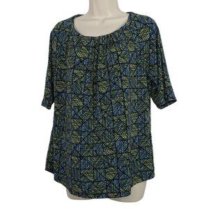 Liz Claiborne Geometric Print Blue Green Pleated Top Women Size L Short Sleeve